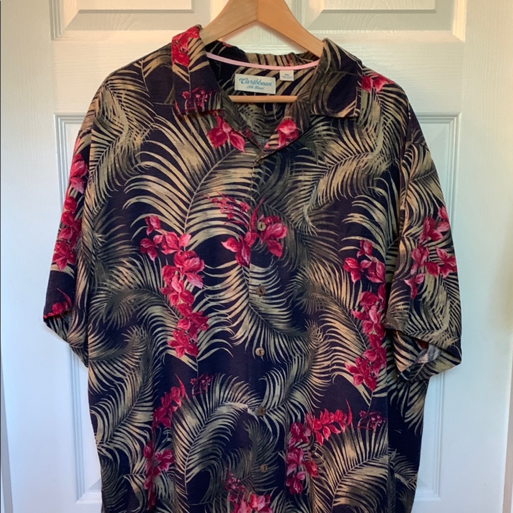 Caribbean Men’s Tropical Print Shirt - Navy/Green/Fuchsia Color Silk/Rayon XXL